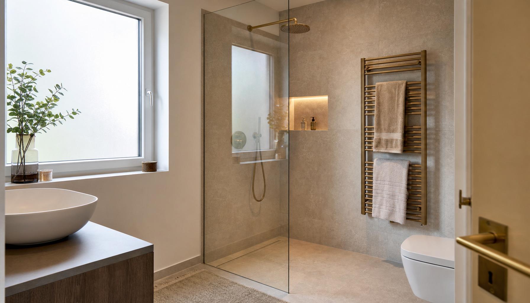 Modern saniertes Badezimmer mit warmem Licht