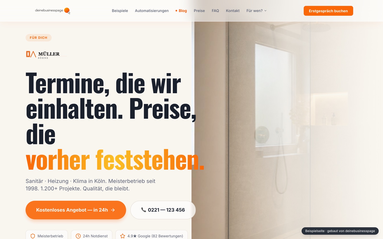 Beispielseite: Meister-Betrieb mit Notdienst-Chatbot