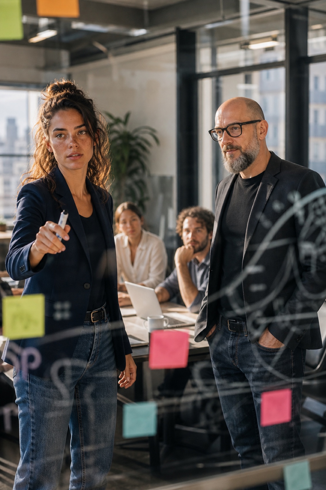 Mila erklärt am Glasboard, KI-generiert